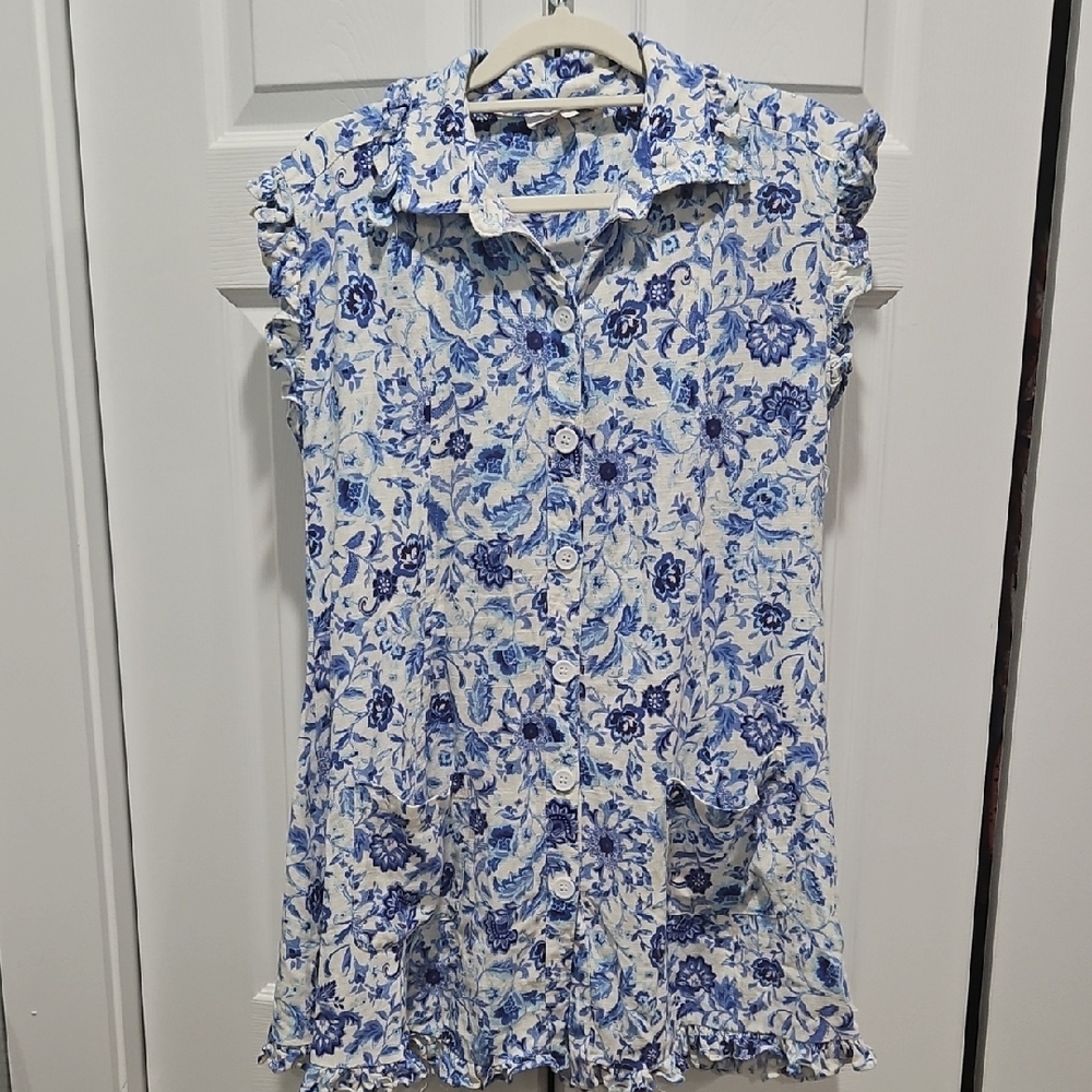 Olivaceous Blue and White Floral Mini Dress or Tunic